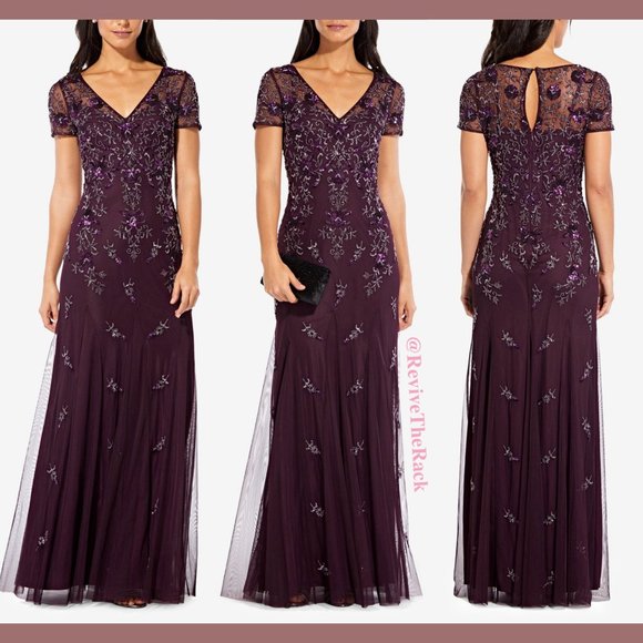NWT $349 Adrianna Papell Floral Beaded Godet Gown in‎ Night Plum [SZ 4 ] - Picture 1 of 15